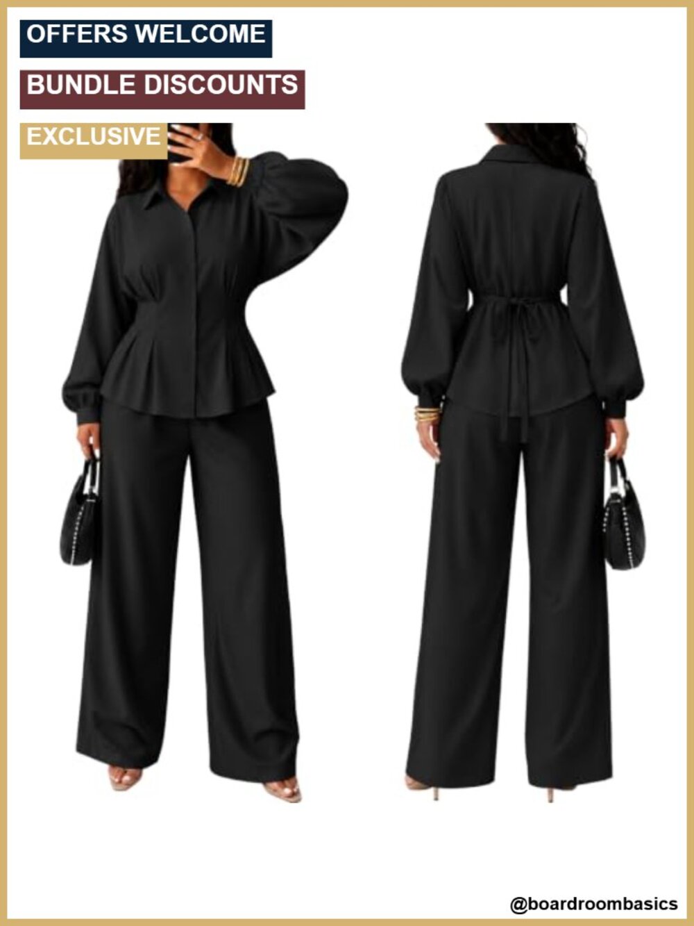 Batwing Sleeve Peplum Top & Wide Leg Pants Set Polyester Womens Casual